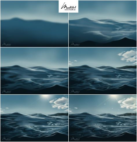 How To Colour Water Digital, Sea Reference Drawing, Digital Illustration Photoshop, Ocean Drawing Reference, How To Paint Water Step By Step, Painting Ocean Acrylic, Ocean Painting Step By Step, Digital Water Painting, Water Art Tutorial