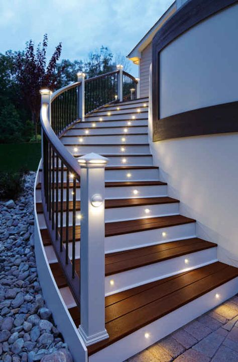 Deck Stair Lighting - Trex Stairway Lighting Ideas, Trex Deck Lighting, Stairway Lighting, Stair Lights, Trex Deck, Deck Stairs, Outdoor Stairs, Stair Lighting, Stair Steps