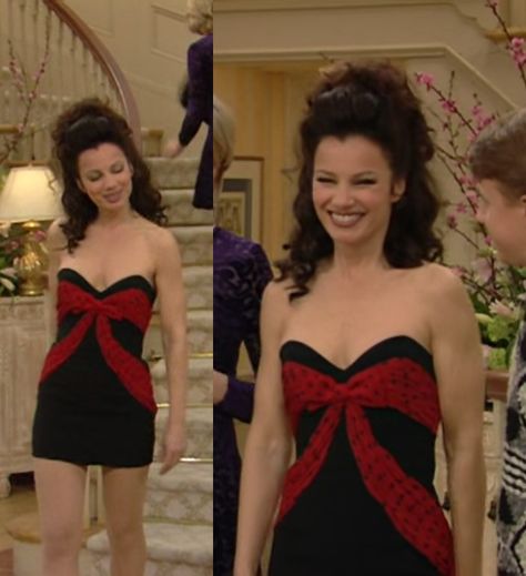 Fran Drescher (Fran Fine) in Moschino Cheap and Chic black strapless dress with polka dot ribbon details Fran Fine Black Dress, Moschino Cheap And Chic 90s, Fran Fine Dress, Fran Drescher Outfits 90s, Fran Outfits, Fran Dresher, Nana Fine, Nanny Fran, Couture Mini Dress