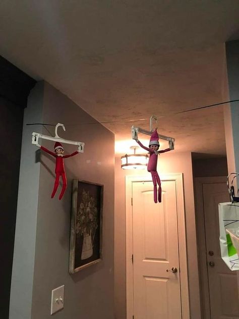 DIY Crafty Fun & Crafters on the Tedooo app! | "Zip lining last night | Facebook Elf Idea, Elf Ideas Easy, Shelf Hanger, Awesome Elf On The Shelf Ideas, Cowboy Birthday Party, Elf Activities, Xmas Elf, Elf Antics, Elf Fun