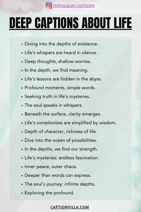 Pinterest pin featuring Instagram captions about life's deeper aspects, including introspective and philosophical options. Delve into the mysteries of existence! #CaptionsForInstagramAboutLife #LifeQuotes #InstagramQuotes #LifeMoments #SelfReflection #Inspiration #InnerJourney Unique Insta Captions, Deep Thought Captions, Mysterious Captions, Instagram Captions About Life, Dope Captions For Instagram, Life Captions, Insta Caption, One Word Instagram Captions, Short Instagram Quotes