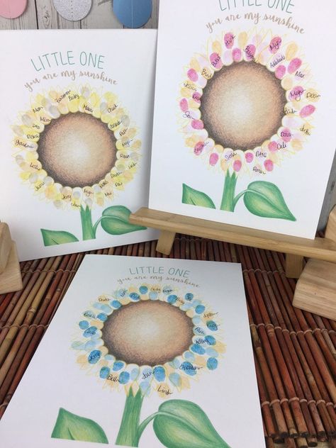 Thumb Print Flowers, Fingerprint Guestbook, Sunflower Baby Showers, Fingerprint Tree, Sunshine Baby Showers, Thumb Prints, Preschool Classroom Decor, Summer Baby Shower, Art N Craft