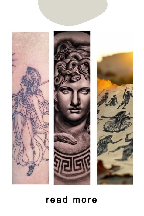 Discover the timeless art of Greek mythology tattoos that are sure to add a touch of epic storytelling to your body art collection. Dive into the world of ancient myths and legends with intricate designs featuring gods, goddesses, monsters, and heroes. Let your skin be a canvas for these powerful symbols that have inspired generations. Whether you're drawn to Zeus' thunderbolts or Medusa's gaze, there's a mythological tattoo waiting to become part of your personal narrative. Mythological Tattoo, Powerful Symbols, Gods Goddesses, Greek Mythology Tattoos, Myths And Legends, Mythology Tattoos, Personal Narrative, Ancient Myths, Divine Design