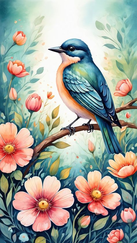 Find your moment of zen with this breathtaking digital artwork. A serene blue bird rests on a branch, surrounded by a vibrant tapestry of wildflowers in bloom. This calming piece is sure to bring a touch of peace and tranquility to your space. watercolor illustration blue bird wildflowers colorfull spring artwork a bird on a branch flowers garden floral spring llustration spring wallpaper aesthetic Spring Wallpaper Aesthetic, Peace Drawing, Graphic Design Activities, Spring Artwork, Space Watercolor, Bird On A Branch, Cottagecore Art, Bookmark Ideas, Surrounded By Flowers