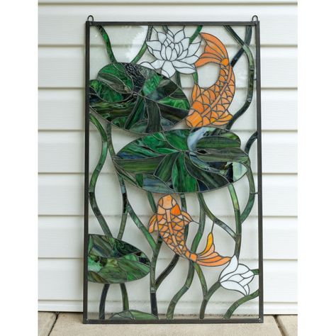 Bungalow Rose Fish Play Lotus Leaf Stained Glass Window Panel | Wayfair Modern Stained Glass Panels, Stained Glass Transom, L'art Du Vitrail, Red Spider Lily, Window Stained, Modern Stained Glass, Card Inspo, Glass Diy, Sun Porch