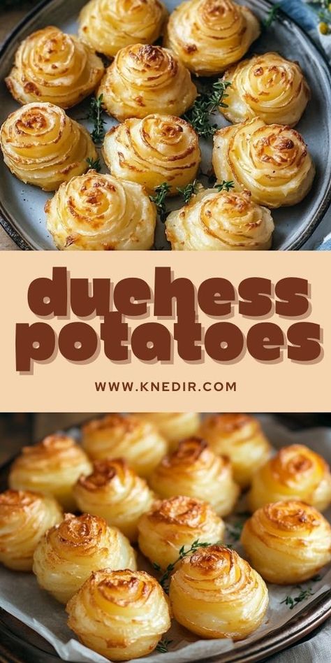 Duchess Potatoes are the perfect elegant side dish for your holiday dinners! 🥔✨ These creamy, buttery potatoes are piped into pretty rosettes and baked to golden perfection. Whether you’re serving them for Thanksgiving, Christmas, or any special occasion, they’ll impress your guests with both their taste and appearance. 🍽️ #DuchessPotatoes #HolidaySides #MashedPotatoes #ThanksgivingSide #ChristmasSideDish #ElegantSides Princess Potatoes Recipes, Duchess Potato Casserole, Unusual Potato Recipes, New Years Eve Potatoes, Princess Potatoes, Duchess Potatoes Recipe, Elegant Potato Side Dishes, Fancy Dinner Sides, Company Potatoes Recipe