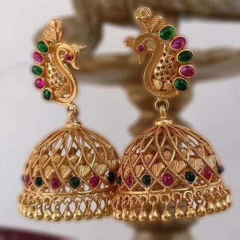 Sparkling Fashion: Gold Jhumka Earring designs latest 2019/ Gold buttalu Temple Jewellery Jhumkas, Temple Jewellery Earrings, Peacock Motif, Gold Jhumka, Jhumka Designs, Gold Earrings Indian, Peacock Jewelry, Gold Jhumka Earrings, Jewelry Designing