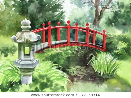 Chinese Bridge, Bridge Drawing, Japanese Style Garden, Japanese Bridge, Bridge Card, Bridge Painting, Japan Painting, Bridge Art, Japanese Water