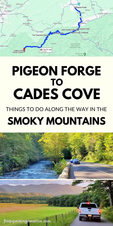 Smoky Mountains. Tennessee. travel. Visit the blog for the best slow scenic route to drive through the Smoky Mountains! fall. september. october. Things to do from Pigeon Forge. pigeon forge is one of the towns to stay for smoky mountains day trip for family vacation. map. itinerary ideas beyond dollywood. east tennessee vacation ideas. outdoor. outside. tennessee aesthetic. us travel destinations. flashpacking america smoky mountains. Things To Do In Smoky Mountains, Gatlinburg Tennessee Vacation, Smoky Mountains Tennessee, Tennessee Road Trip, Pigeon Forge Tennessee, Smoky Mountains Vacation, Tennessee Travel, Tennessee Vacation, Cades Cove