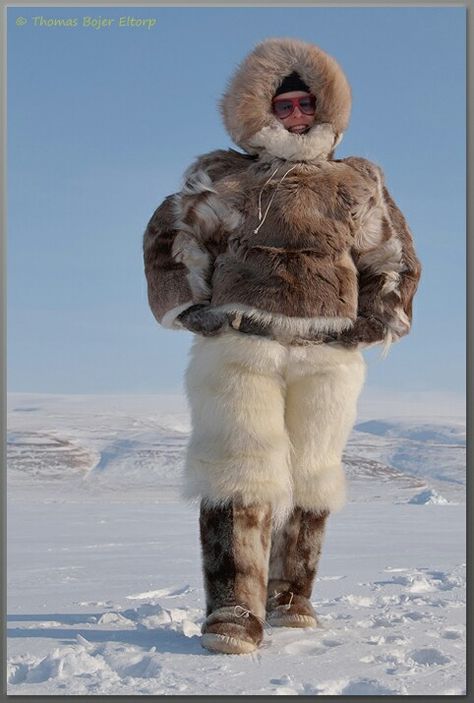 ARCTIC EXPEDITION GEAR: Reindeer fur anorak, Polar bear fur pants, Kamikkers( thick soft layered boots made of lamb wool [& other fur] & seal skin) Bear Fur Coat, Inuit Clothing, Polar Bear Fur, Fur Costume, Mens Fur Coat, Fur Seal, Coyote Fur, Mens Fur, Fur Clothing