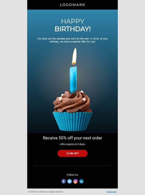 Customize this email design template with your content and send it to your mailing list for free! BEE is the easiest and quickest way to design elegant, mobile responsive emails, starting from scratch or from our 370+ ready-to-use templates. Try our BEE editor for free at the link above. (No signup required) #emaildesign #emailtemplate #birthday #emailbirthday   Designed by Derek Brumby Black And Blue Birthday Cake, Birthday Candle Template, Happy Birthday Email, Email Greetings, Professional Email Templates, Mailing Design, Edm Design, Candle Template, Blue Birthday Cakes