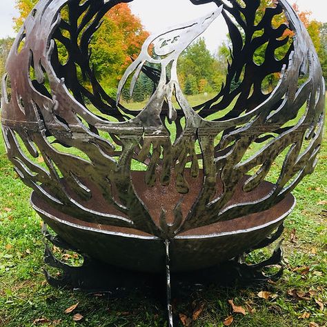 Handmade Metal Globe Fire Pit | FIREBALL FIREPITS fire ball fire pits | Audubon Fairytale Backyard, Fire Pit Ball, Fire Pit Sphere, Fire Pit Gallery, Phoenix Fire, Rising From The Ashes, Fire Pit Art, Wood Fire Pit, Enchanted Fairies