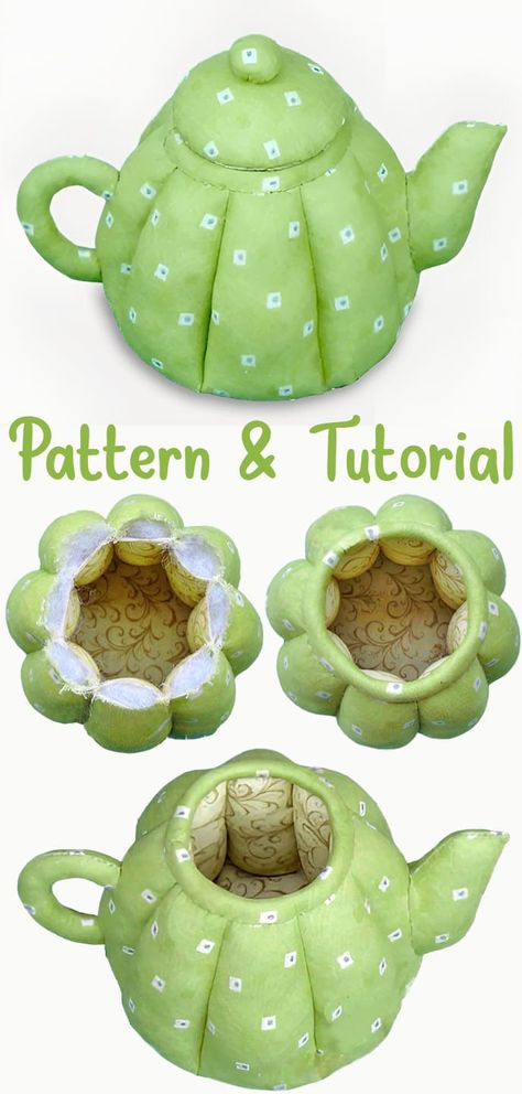 DIY Teapot Storage. Pattern & Tutorial Tea Pot Cozy Patterns, Fabric Tea Cups Free Pattern, Sewing Patterns Home Decor, Teapot Costume Diy, Tea Sewing Projects, Tea Cosy Sewing Pattern, Tea Cozy Pattern Free, Tea Pot Ideas, Sewing Kitchen Projects