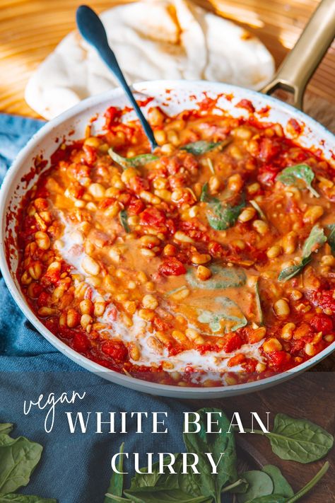 White Bean Curry is an easy, 30-minute, vegan and gluten-free dish that is perfect for busy weeknights. This warm and savory recipe makes use of pantry staples. It is so versatile too! Serve over steamed rice and with a side of warm naan. White Bean Curry, Bean Curry, Savory Recipe, Kinds Of Beans, Beans Curry, Gluten Free Dishes, Vegan Curry, Coconut Yogurt, White Bean