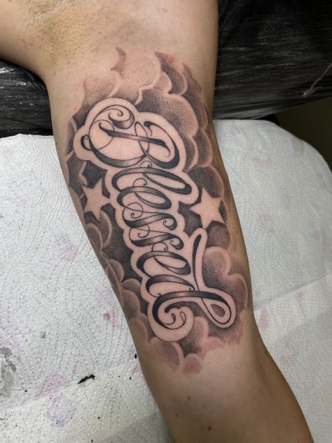 Blessed Arm Tattoo, Name Tattoos For Men Forearm, Blessed Tattoo For Men, Heavenly Tattoos, Inner Bicep Tattoo Men, Last Name Tattoo, Biceps Tattoo, Inside Bicep Tattoo, Blessed Tattoo