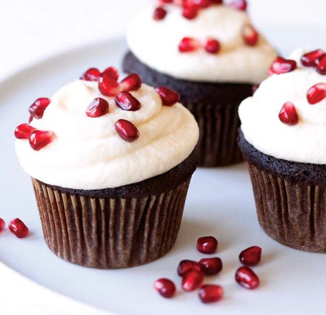 Chocolate Pomegranate Cupcakes + 5 Cake Recipes | Minnesota Monthly Pomegranate Cupcakes, Pomegranate Dessert, Chocolate Mousse Frosting, Chocolate Pomegranate, National Chocolate Cake Day, Keto Cupcakes, 5 Cake, Dinner Mints, White Chocolate Truffles