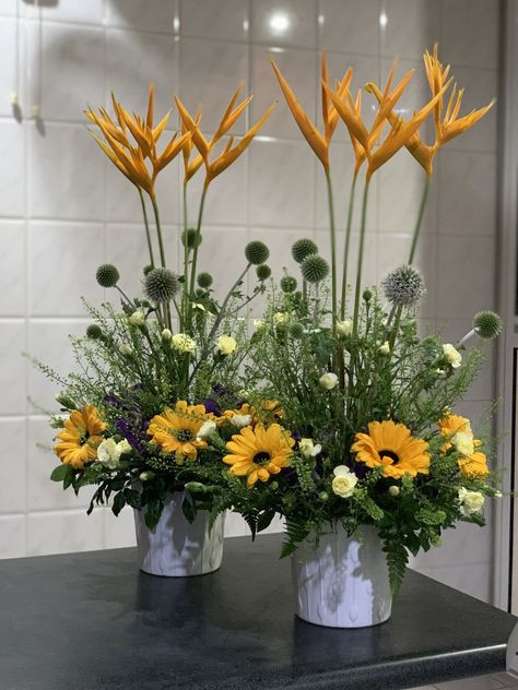 Bird Of Paradise Arrangement, Flowers Arrangements Ideas, Contemporary Flower Arrangements, Tropical Floral Arrangements, Tropical Flower Arrangements, Easter Flower Arrangements, Table Flower Arrangements, Altar Flowers, Large Flower Arrangements