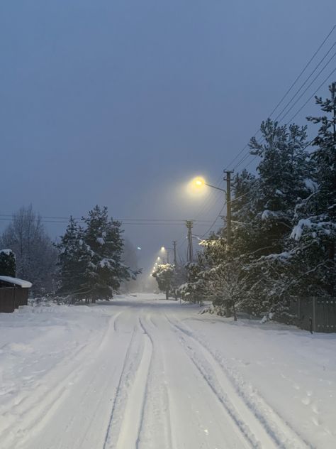 #snow #winter #road #light #snowing #trees #lithuania #evening Lithuania Winter, Winter Street, Lithuania, Street Light, Road