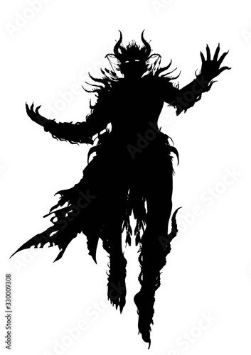 Stock Image: The silhouette of a demon wizard floating majestically in the air, dressed in a ragged robe, decorated with spikes and horns all over his body. 2D illustration Demon Silhouette, Demon Illustration, Wings And Horns, Black Clover Anime, Standing Poses, Silhouette Images, Graphic Poster Art, Tattoo Design Book, Dragon Tattoo