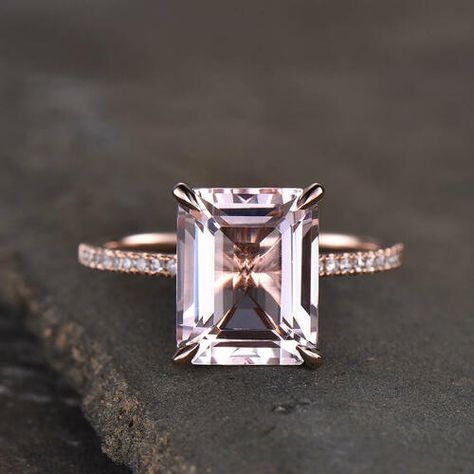 Pave Halo Ring, Morganite Engagement Ring Halo, Peach Morganite Ring, Emerald Cut Solitaire, Morganite Engagement Ring Rose Gold, Pink Morganite Ring, Rose Gold Morganite Ring, Emerald Cut Ring, Ring Emerald Cut