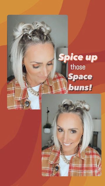 Fun Half Up Half Down Hairstyles For Short Hair, Short Bob Space Buns, 2 Buns Hairstyle Short Hair, Mini Space Buns Short Hair, Curly Space Buns Half Up, Spacebuns Tutorial, Space Buns Half Up Half Down Short Hair, Half Up Space Buns Short Hair, Short Hair Space Buns Half Up