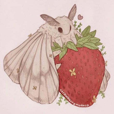 Artist name on pictures #strawberry #moth Cute Bugs Drawing, Moth Drawing Reference, Little Creatures Drawing, Cute Bug Art, Cute Creatures Art, Cute Moth Art, Cute Moth Drawing, Cute Bug Drawing, Moth Creature