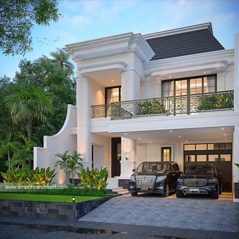 #homeexteriordesign - Mr. DJR Classic House 2 Floors Design - Bekasi - Code 32640 Beautiful Home Exterior, Greg House, Home Exterior Design, Classic Facade, Duplex Floor Plans, Emporio Architect, House Design Exterior, Classic House Design, House Arch Design