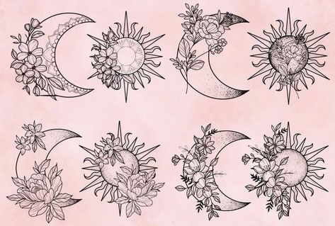 Floral Best Friend Tattoos, Sun And Moon Chest Tattoo, Astrological Tattoos, Moon Tattoos For Women, Enchanted Tattoo, Bestie Tats, Tattoo Sun, Themed Tattoos, Moon Sun Tattoo