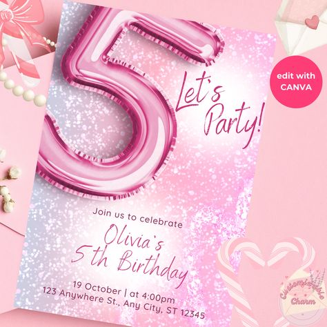 5th Birthday Invitation Template, Glitter Invitation Birthday Card, Girl Party Printable Invite, Instant Download Home Party 5th Birthday Girl Party Ideas, 5th Birthday Ideas For Girls Themes, 5th Birthday Invitation, 5th Birthday Girls, Bday Invitations, Glitter Invitations, Girl Themes, Bday Girl, Birthday Invitation Template