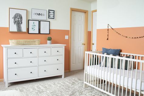 Orange Wall Nursery, Orange Gender Neutral Nursery, Light Orange Nursery, Burnt Orange Nursery Gender Neutral, Tangerine Nursery, Orange Nursery Ideas, Terra Cotta Nursery, Orange Baby Room, Lily Nursery