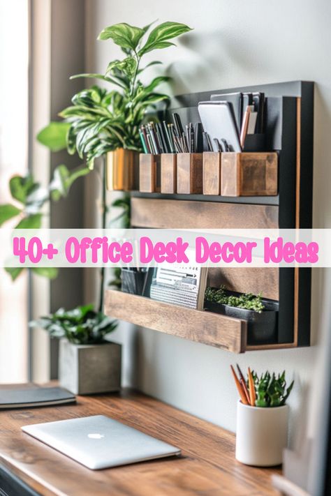 A sleek desk wall organizer with wooden compartments and greenery offers desk inspiration and stylish work desk decor for functional and visually appealing work setup desks. Front Office Desk Decor For Work, Home Office Desk Organization Ideas, Cute Office Desk Decor At Work, Shelf Over Desk, Shelves Over Desk, Work Desk Organization Ideas, Work Setup Desks, In Office Desk Decor, Decorate Work Office