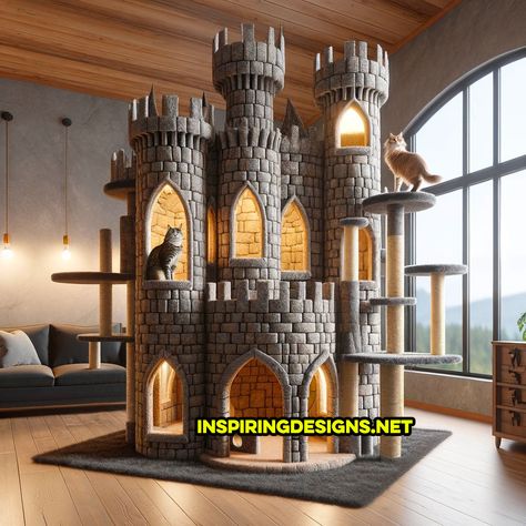 These Hogwarts Castle Cat Play Trees Offer an Enchanting Escape for Curious Cats! Cat Playroom, Cat Mansion, Harry Potter Cat, Cat Stand, Hobbit Door, Cardboard Cat House, Cat Castle, Cat Patio, Cat Tree House