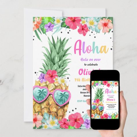 Hawaiian Luau Birthday Pineapple Pool Party Invitation  Zazzle Pineapple Pool Party, Luau Pool Party, Tropical Pool Party, Hawaiian Invitations, Pineapple Birthday Party, Luau Birthday Invitations, Pineapple Birthday, Tropical Girl, Pool Party Invitations