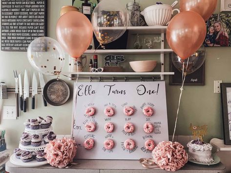 Donut grow up! A donut themed first birthday party is easy to decorate and a fun way to celebrate a one year old girls birthday party. #1stbirthday #donutbirthday #doughnutbirthday Donut One Year Old Party, Doughnut Board, Donut Ideas, Doughnut Party, Two Layer Cakes, Lavender Cake, Themed 1st Birthday, Themed First Birthday, Birthday Donuts