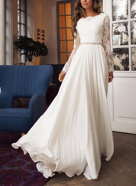 A-Line Scoop Neck Long Sleeves Chiffon Lace Sweep Train Wedding Dresses With Lace Pleated Modest Long Sleeve Wedding Dresses, Ruffle Bridal Gown, Cheap Wedding Dress Boho, Jeweled Wedding Dress, Backless Gown, Long Sleeve Wedding Dress, Ruffle Wedding Dress, Long Sleeve Wedding Dress Lace, Boho Wedding Dress Lace