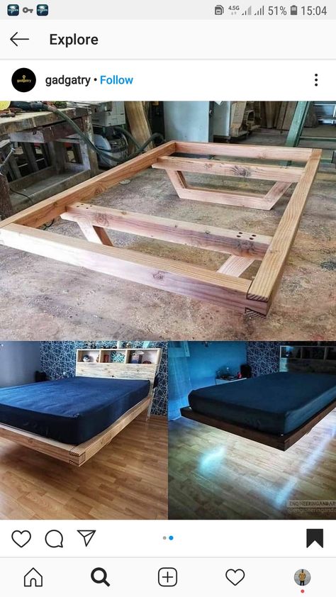 Diy Floating Bed, Homemade Bed Frame, Floating Bed Diy, Build Bed Frame, Palette Bed, Diy King Bed, Diy King Bed Frame, Homemade Beds, Diy Headboard Ideas