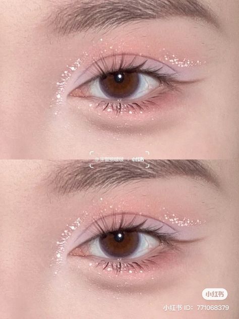 Pink Glitter Eye Makeup, Asian Makeup Looks, Pink Eye Makeup, Doll Eye Makeup, Cute Eye Makeup, Korean Eye Makeup, Pink Eye, Glitter Eye Makeup, Glitter Eye