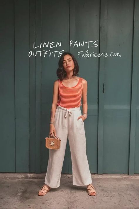 11 Linen Pants Outfits to Elevate Your Daily Style - Fabricerie Khaki Linen Pants Outfit, Linen Pants Outfit Summer Casual, Linen Pants Outfits, Linen Pants Outfit Summer, White Linen Pants Outfit, Khaki Linen Pants, Printed Linen Pants, High Waisted Linen Pants, Baggy Pants Outfit