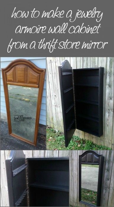 This is Brilliant! How to make a mirrored jewelry wall cabinet out of a thrift store mirror from My Repurposed Life Store Mirror, Repurposed Dresser, Mirror Jewelry Armoire, Mirror Jewellery Cabinet, Jewelry Wall, Jewelry Mirror, Jewelry Cabinet, Old Dressers, Jewelry Armoire