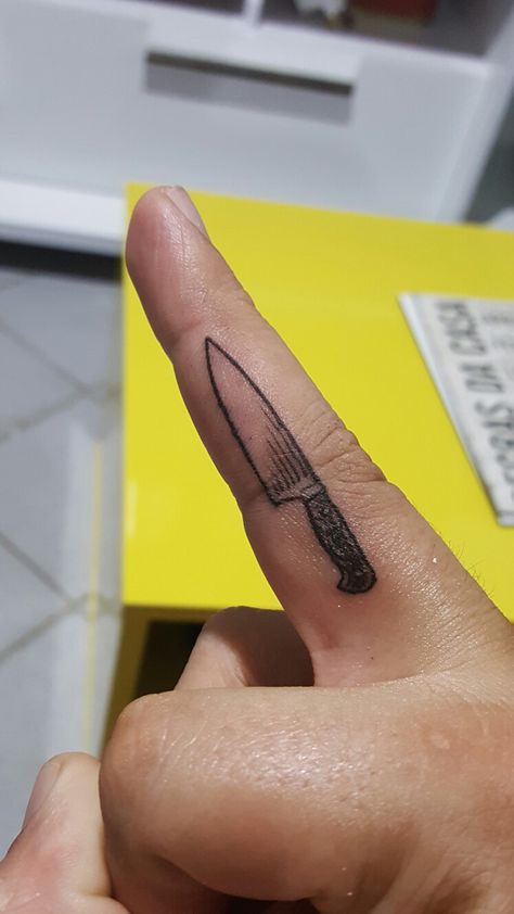 Small Scream Knife Tattoo, Chef Knife Finger Tattoo, Wooden Spoon Tattoo Ideas, Yes Chef Tattoo, Kitchen Tattoo Ideas, Butcher Knife Tattoo, Chef Tattoo Ideas For Men, Culinary Tattoos, Chef Tattoo