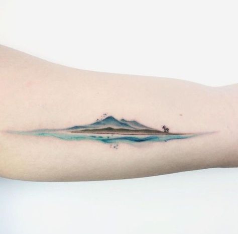 Mountain Tattoo Color, Color Line Tattoo, Mountain Ocean Tattoo, Shoulder Piece Tattoo, View Tattoo, Watercolor Mountains Tattoo, Northern Lights Tattoo, Travel Tattoo Ideas, Snow Tattoo