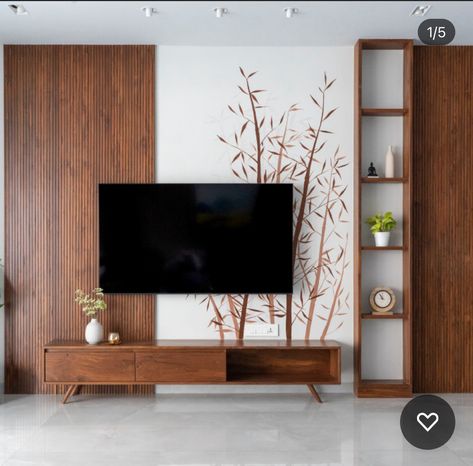 Simple And Unique Tv Unit Design, Tv Wall Niche, Traditional Tv Unit Design, Accent Tv Walls In Living Room, Tv Unit Indian, Wooden Tv Unit Design, Hall Tv Unit, Fluted Panel Wall, Classic Tv Wall Design