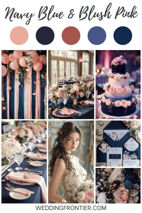 Imagine your special day wrapped in the elegance of navy blue paired with the soft romance of blush pink. This color combination brings a unique blend of Blush Blue Green Wedding, Navy Blush Pink Wedding, Pink And Blue Wedding Ideas, Navy And Light Pink Wedding, Navy Blue And Pink Party, Navy Blue And Blush Pink Wedding, Blue And Pink Wedding Theme, Pink And Blue Wedding Theme, Blush Blue Wedding