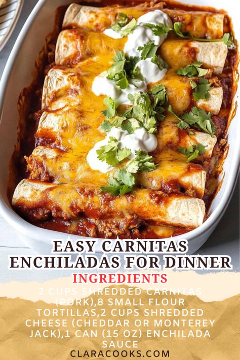 Easy Carnitas Enchiladas - Perfect for Dinner Leftover Pork Enchiladas, Enchiladas Recipe Beef, Easy Enchiladas Recipe, Carnitas Enchiladas, Easy Carnitas, Enchilada Dinner, Pulled Pork Enchiladas, Easy Enchilada Recipe, Pork Enchiladas