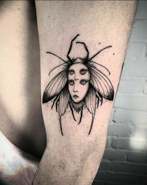 Double Personality Tattoo, Dark Leg Tattoos For Women, Transcendental Tattoo, Creepy Insect Tattoo, Creepy Sleeve Tattoo, Cool Insect Tattoos, Illustrative Blackwork Tattoo, Tattoo Ideas Creepy, Small Creepy Tattoos