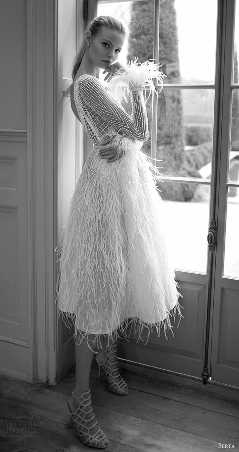 berta bridal fall 2016 long sleeves jewel neckline short wedding dress (16 120) mv feather skirt Feather Sleeve Dress, Feather Dress Short, Feathered Wedding Dress, Berta Wedding Dress, Berta Bridal, Tea Length Wedding, 2016 Wedding Dresses, Feather Wedding, Dress Sequin