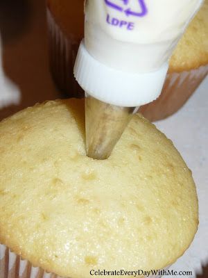 How to Fill a Cupcake | Celebrate Every Day With Me Icing Filled Cupcakes, Filling Cupcakes How To, How To Put Filling In Cupcakes, How To Fill Cupcakes With Filling, Cake With Cupcakes Around It, Cupcakes With Filling Inside, Filled Cupcakes Easy, Cupcake Filling Recipes, Cupcake Filling