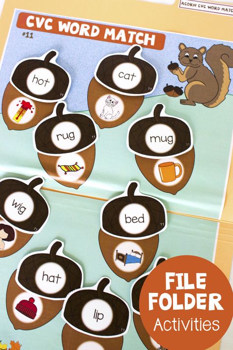 Fall Themed File Folder Activities! - Make Take & Teach Thanksgiving File Folder Games, Halloween File Folder Games, File Folder Activities Free Printables, File Folder Games Free, Cvc Word Games, Folder Activities, Vowel Activities, Cvc Word Activities, File Folder Activities