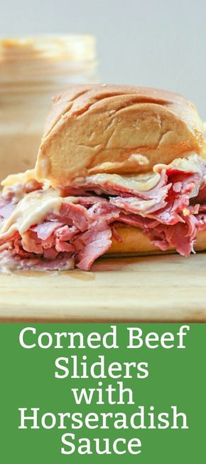 These sliders made with corn beef and Swiss cheese are good on their own but when you top them off with the Horseradish Sauce they become G-R-E-A-T. #sliders #footballfood #stpatricksday #easyrecipe Horseradish Sauce For Corned Beef, Corn Beef Sliders, Sauce For Corned Beef, Corned Beef Sliders, Corned Beef Recipe, Creamy Horseradish, Corned Beef Sandwich, Creamy Horseradish Sauce, Corn Beef