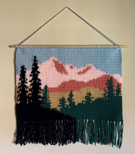 biggest tapestry I’ve made so far ⛰️ #crochet #crochettapestry #tapestrycrochet #crochetlandscape #fiberart Crochet Tapestry Landscape, Crochet Hanging Tapestry, Crochet Tapestry Room Decor, National Park Crochet, Large Crochet Tapestry, Crochet Camping Ideas, Ghibli Tapestry Crochet, Crochet Tapestry Blanket, Crochet Tapestry Ideas